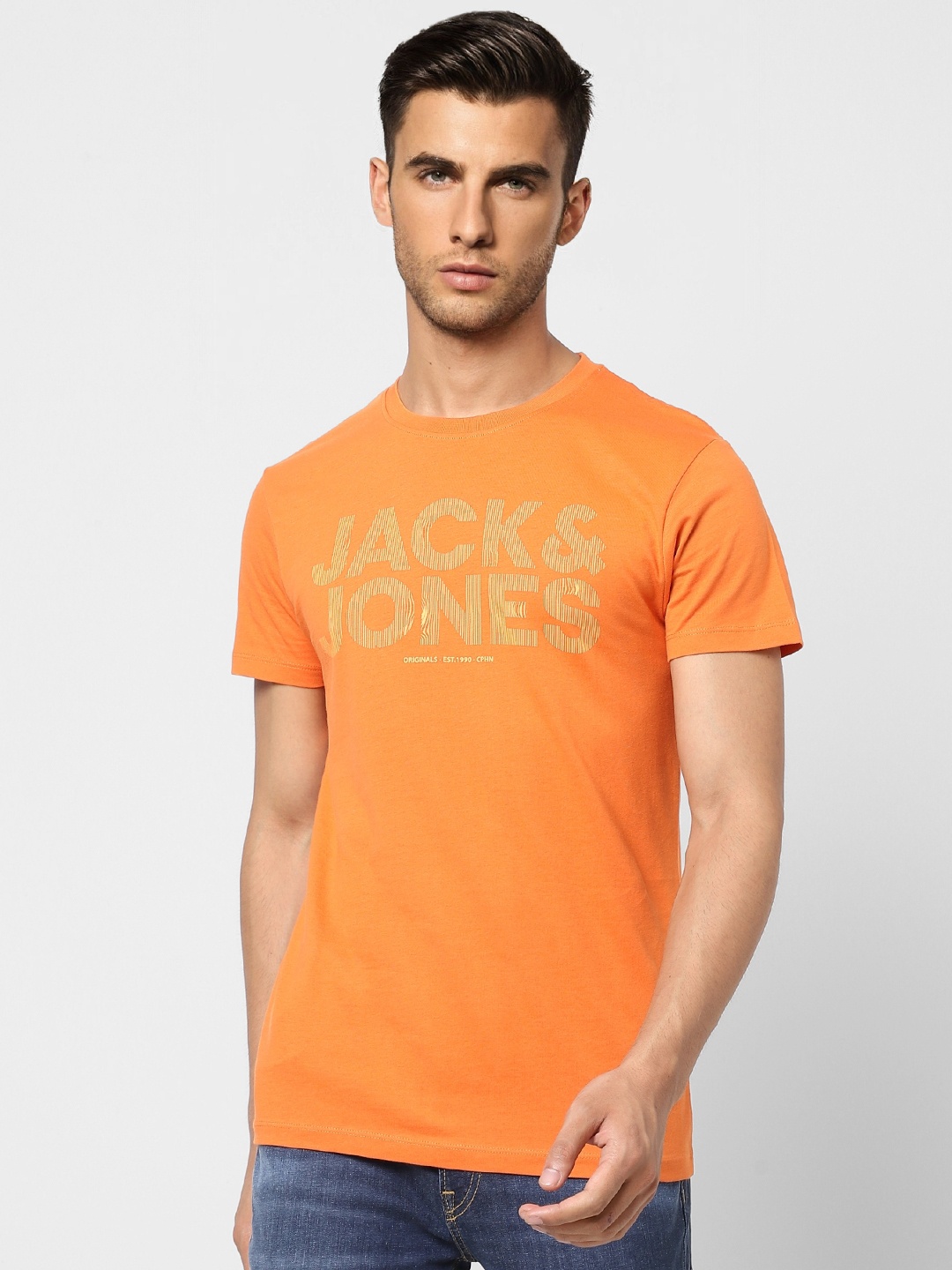 

Jack & Jones Men Orange Brand Logo Printed Pure Cotton Slim Fit T-shirt