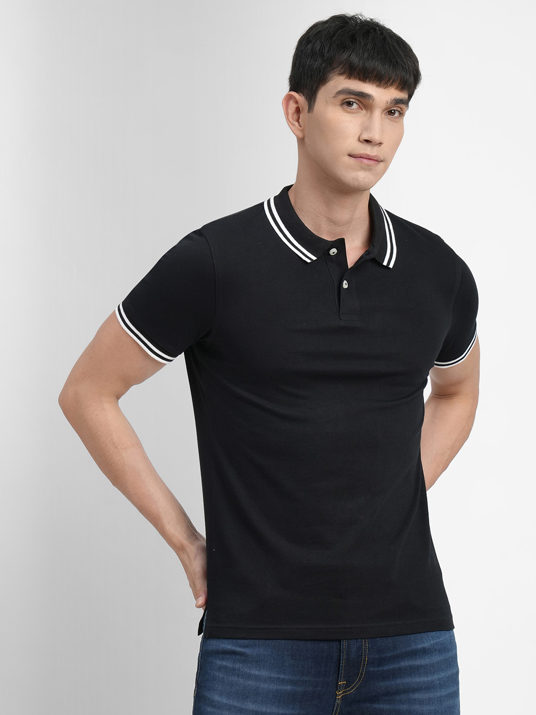 

Jack & Jones Men Black Polo Collar Pure Cotton Slim Fit T-shirt
