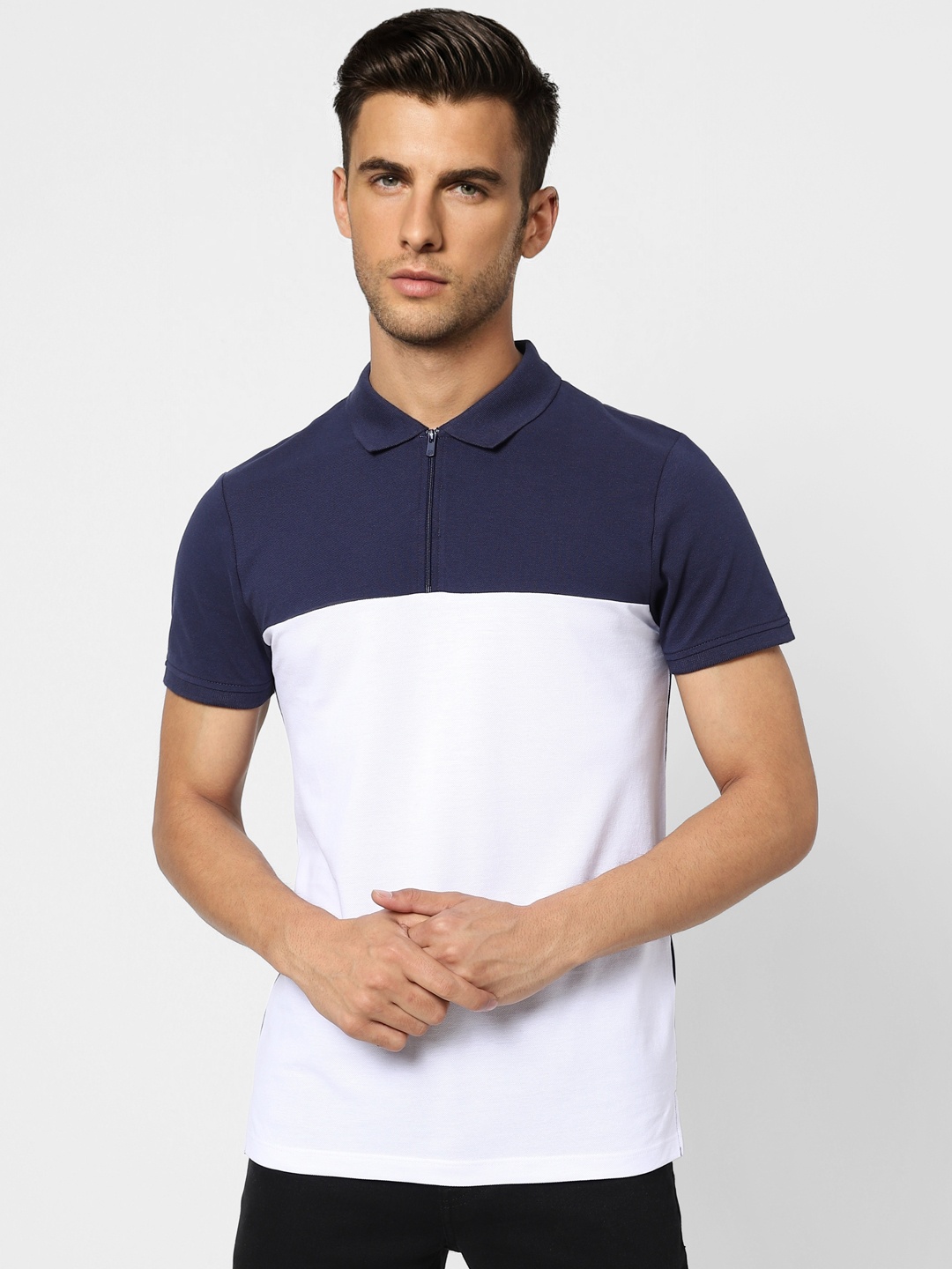 

Jack & Jones Men Navy Blue & Brown Colourblocked Polo Collar Pure Cotton Slim Fit T-shirt