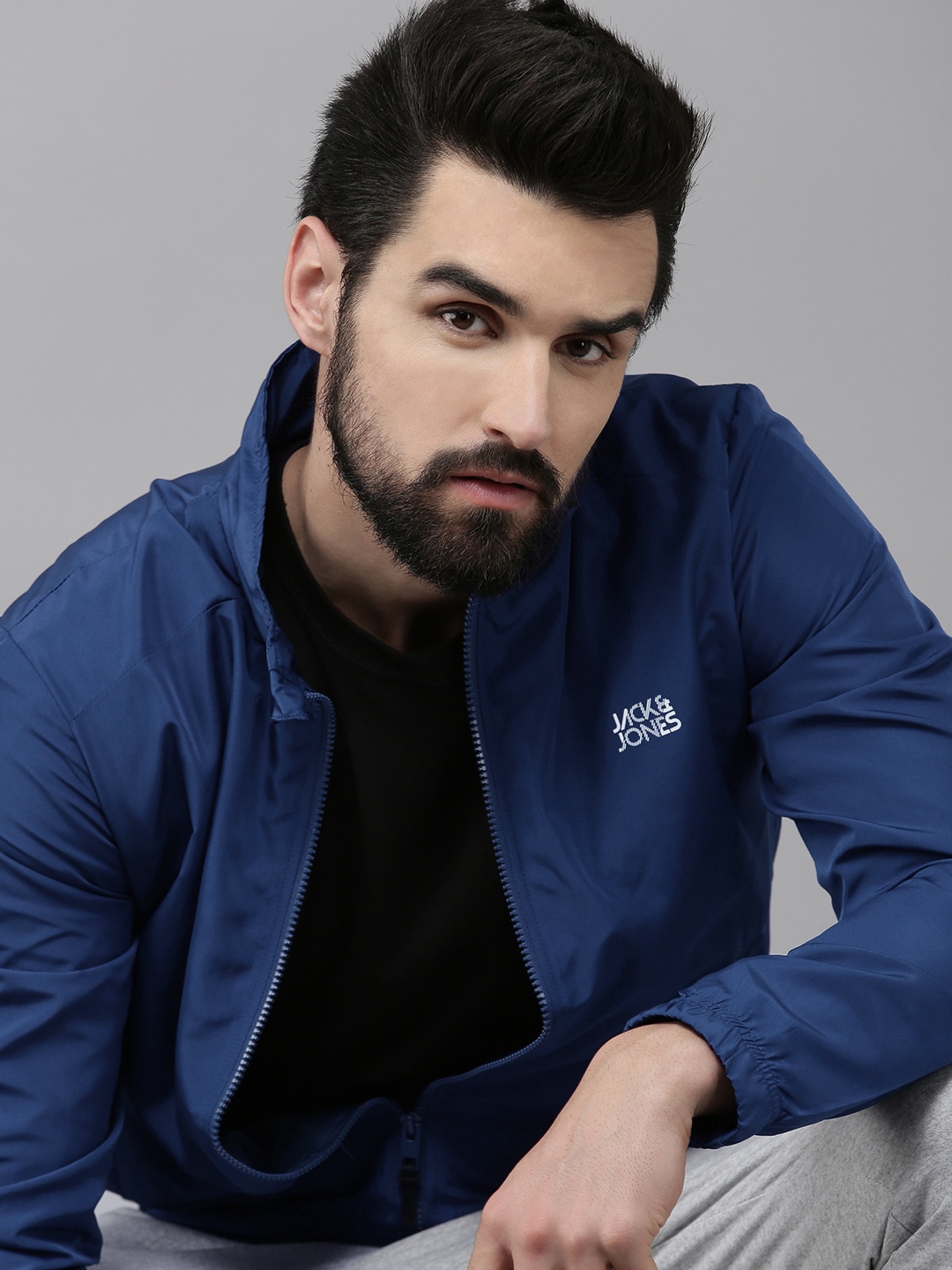 

Jack & Jones Men Blue Solid Wind Breaker Bomber Jacket