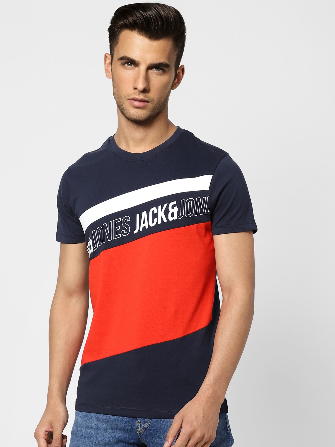 

Jack & Jones Men Blue & Red Brand Logo Printed Pure Cotton Slim Fit T-shirt