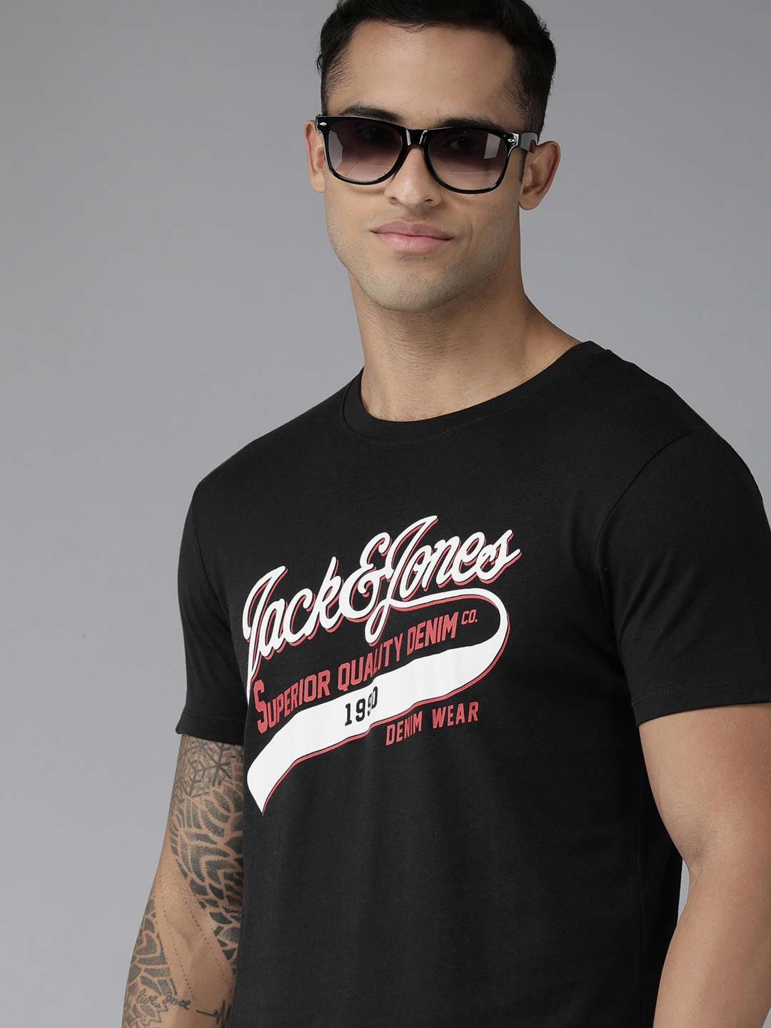 

Jack & Jones Men Black Printed Pure Cotton T-shirt