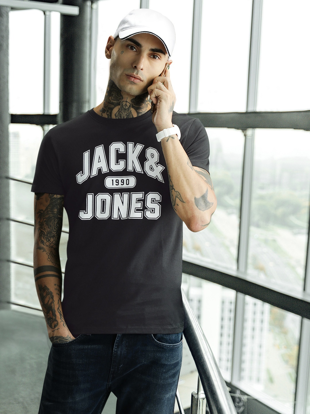 

Jack & Jones Men Black & White Brand Logo Printed Pure Cotton Slim Fit T-shirt