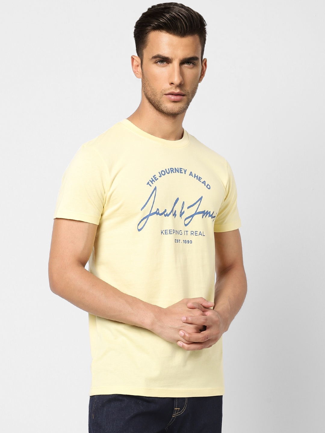 

Jack & Jones Men Yellow Brand Logo Printed Pure Cotton Slim Fit T-shirt