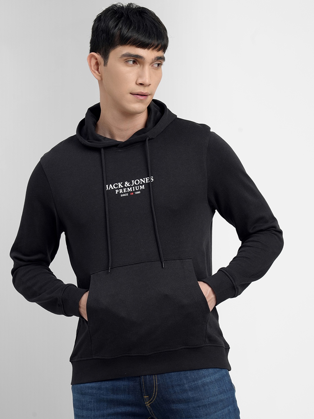 

Jack & Jones Men Black Brand Logo Printed Hooded Sweatshirt