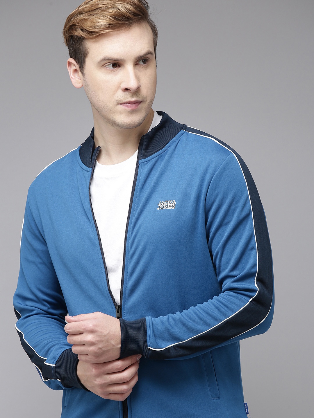 

Jack & Jones Men Blue Navy Blue Solid Bomber Jacket With Shoulder Taping Detail