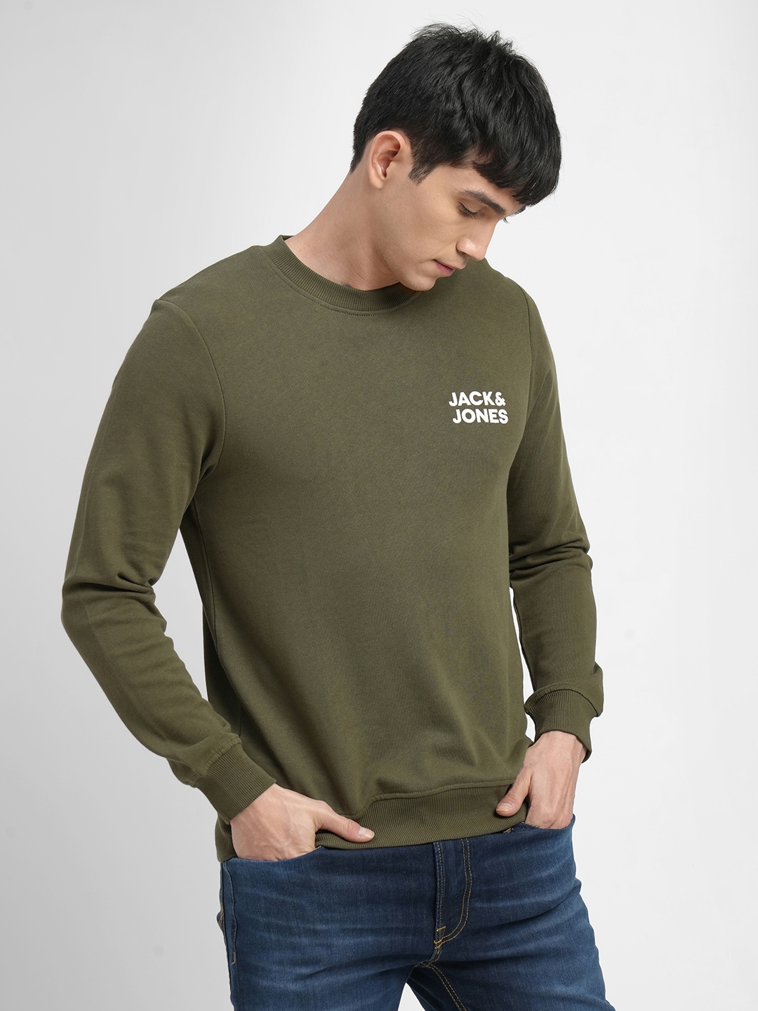 

Jack & Jones Men Olive Green Brand Logo Printed Sweatshirt