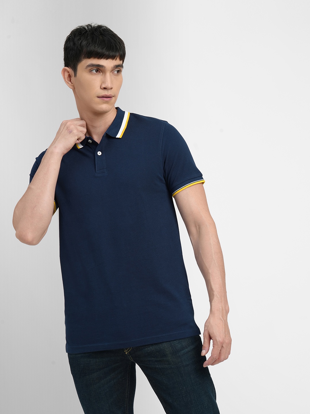 

Jack & Jones Men Navy Blue Solid Polo Collar Better Cotton Initiative T-shirt