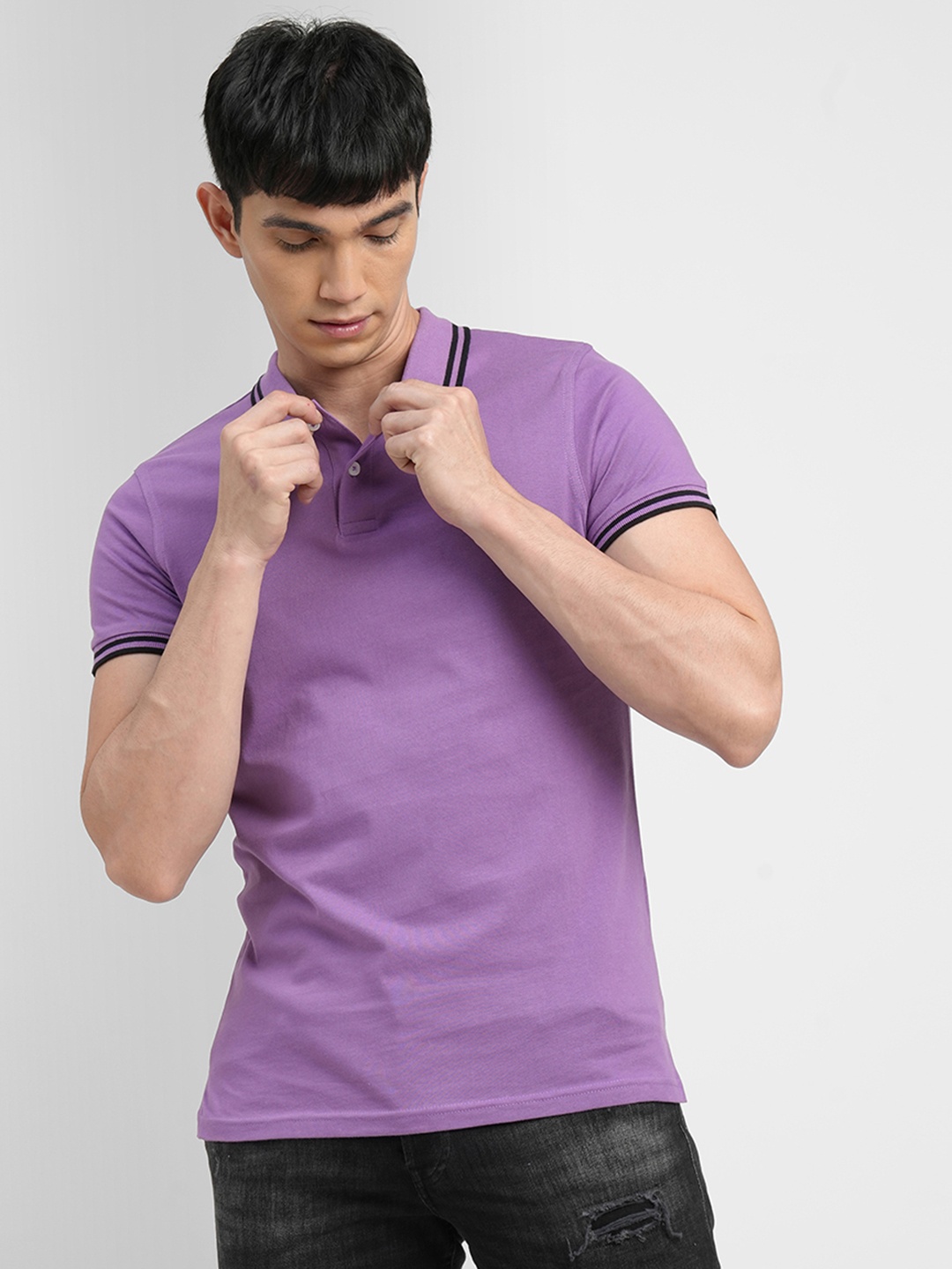 

Jack & Jones Men Purple Solid Polo Collar Pure Cotton Slim Fit T-shirt