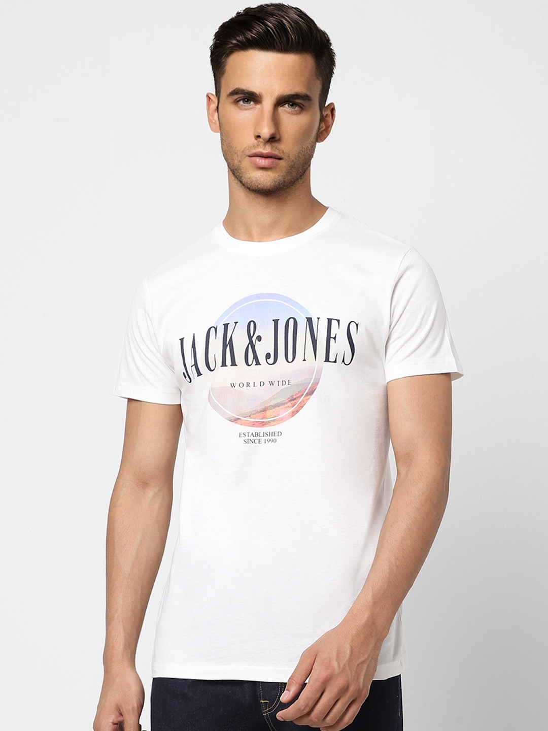 

Jack & Jones Men White Brand Logo Printed Pure Cotton T-shirt