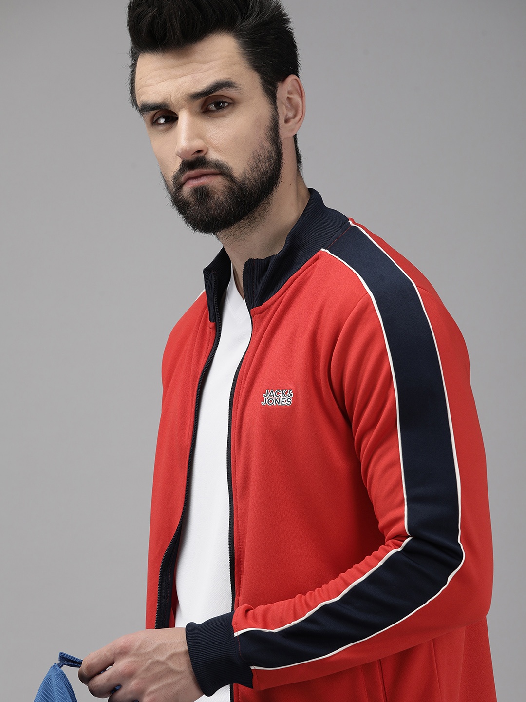 

Jack & Jones Men Red Solid Bomber Jacket with Striped Detailing