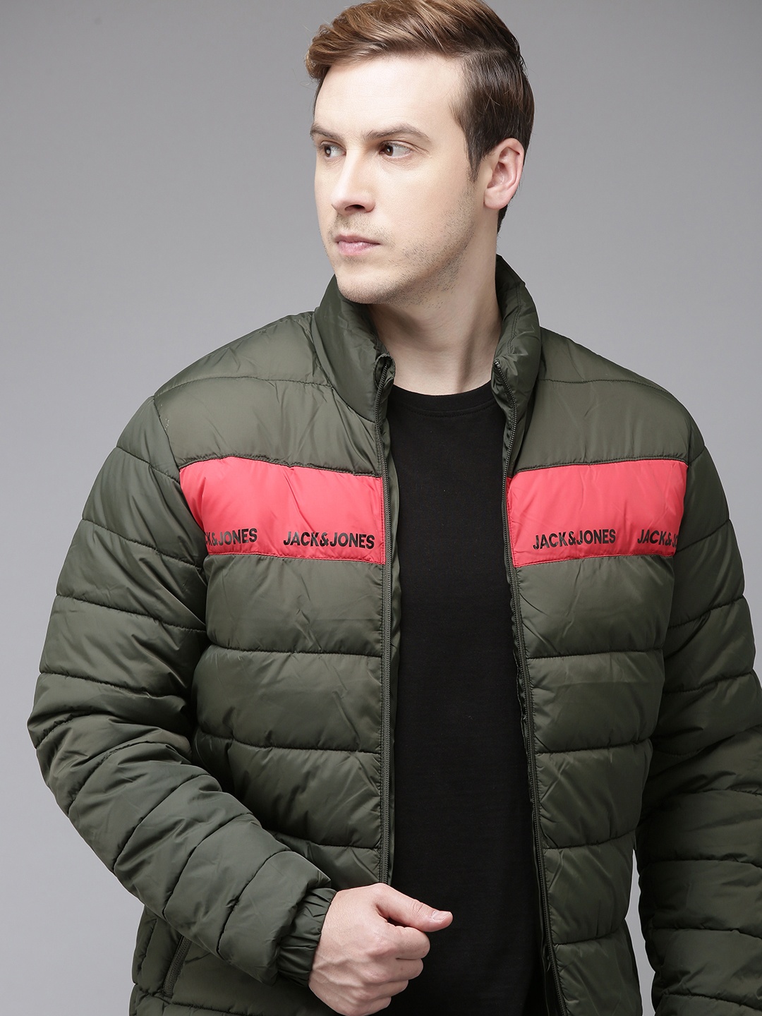 

Jack & Jones Men Olive Green Solid Puffer Jacket With Minimal Brand Logo Print Detail