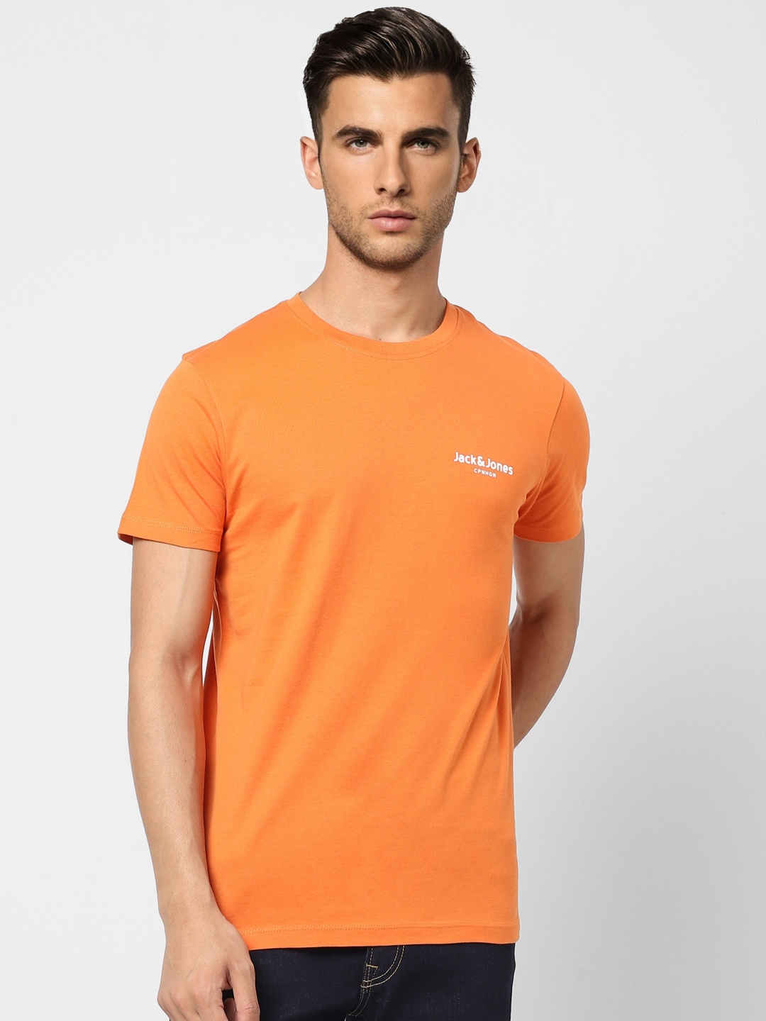 

Jack & Jones Men Orange Brand Logo Printed Slim Fit T-shirt
