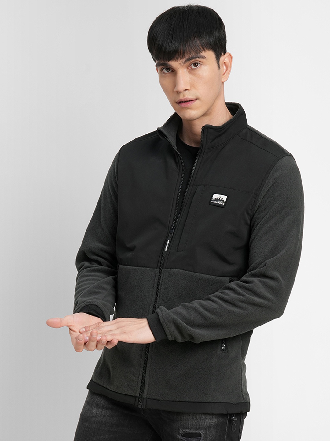 

Jack & Jones Men Grey & Black Colourblocked Sporty Jacket