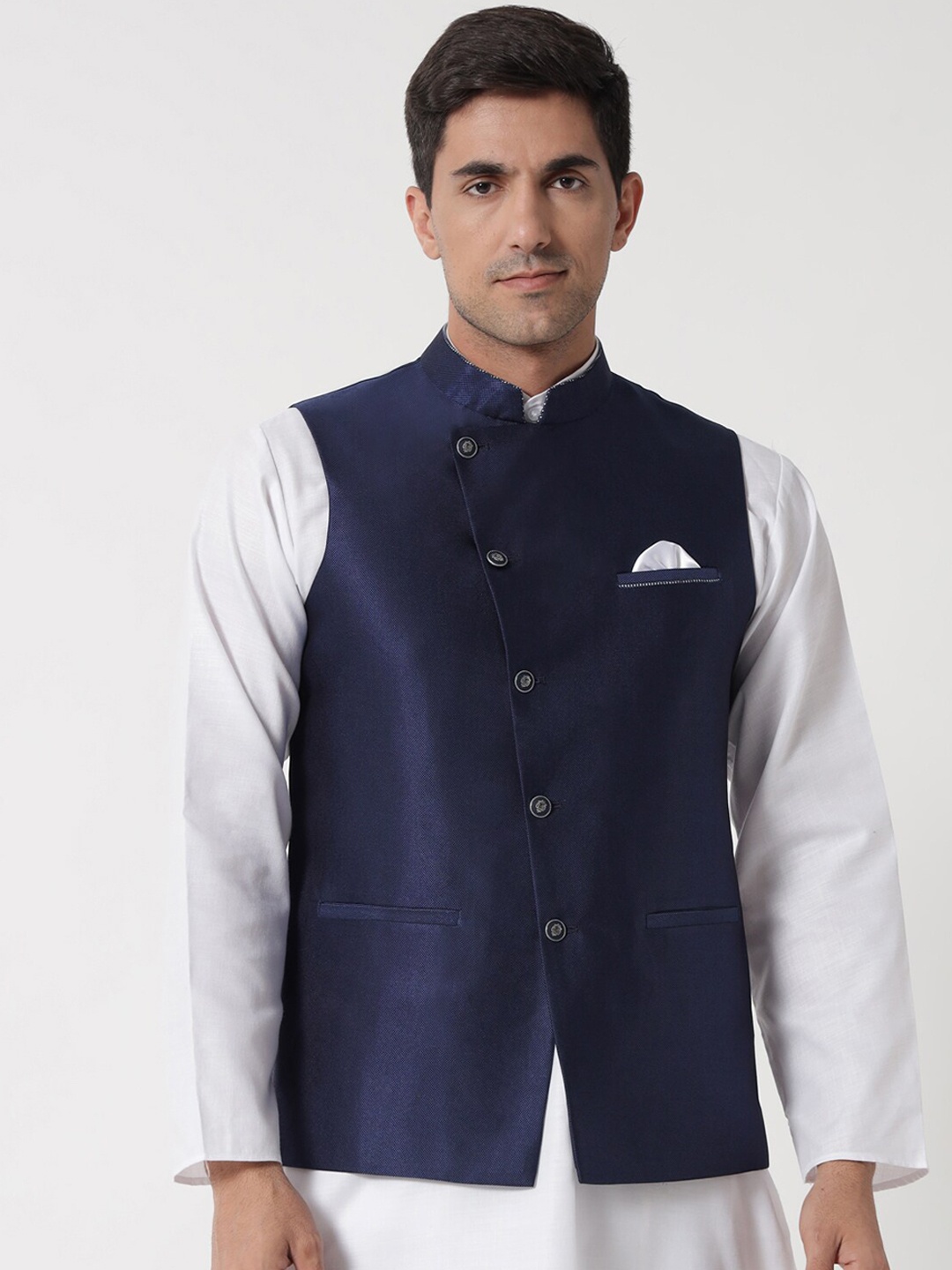 

MAXENCE Men Navy Blue Solid Woven Nehru Jacket