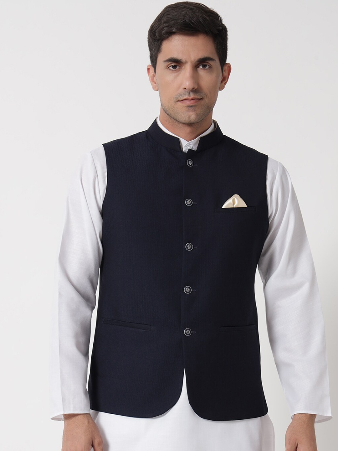 

MAXENCE Men Navy Blue Solid Woven Nehru Jacket