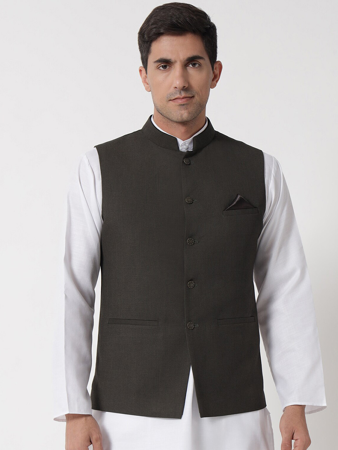 

MAXENCE Men Grey Textured Pure Cotton Woven Nehru Jacket