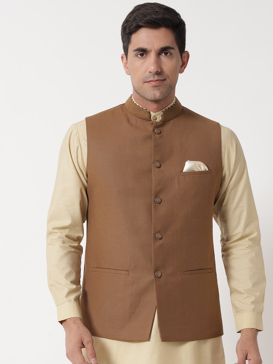 

MAXENCE Men Brown Solid Cotton Nehru Jackets