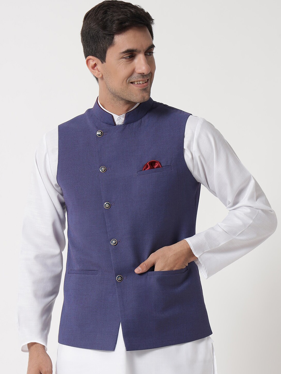 

MAXENCE Men Blue Solid Woven Nehru Jacket