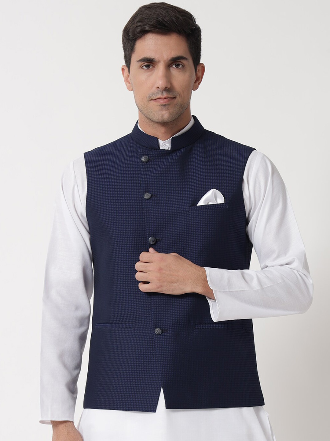 

MAXENCE Men Navy Blue Woven Design Cotton Nehru Jacket
