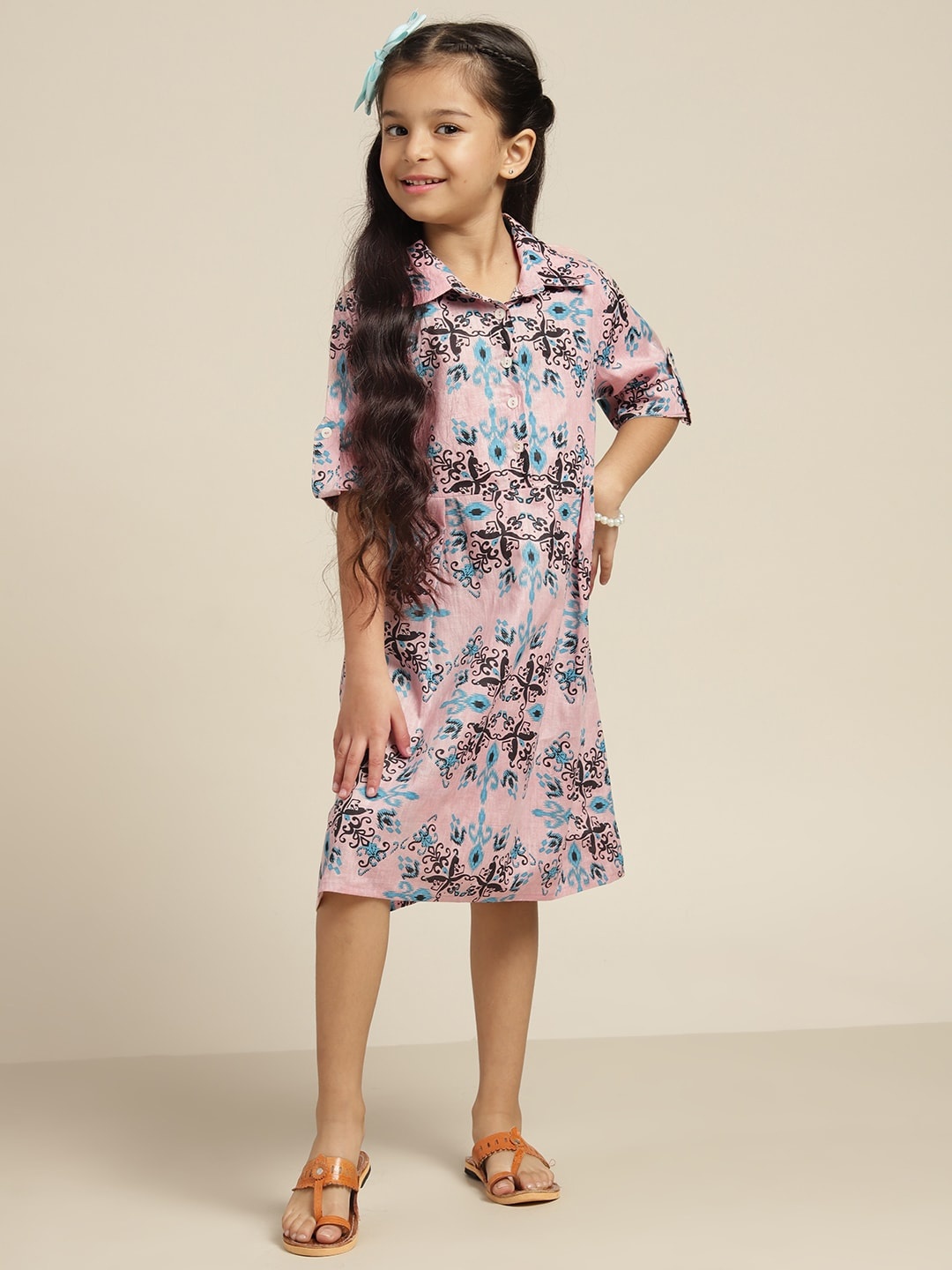 

Sangria Girls Pink & Blue Ethnic Motifs Print A-Line Kurta