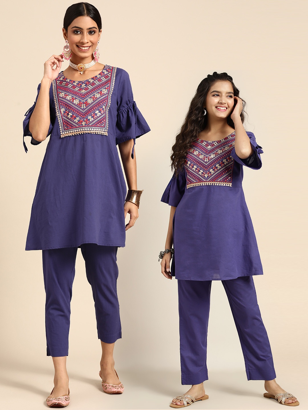 

Sangria Teen Girls Yoke Design Mirror Work Pure Cotton Kurta with Trousers, Blue