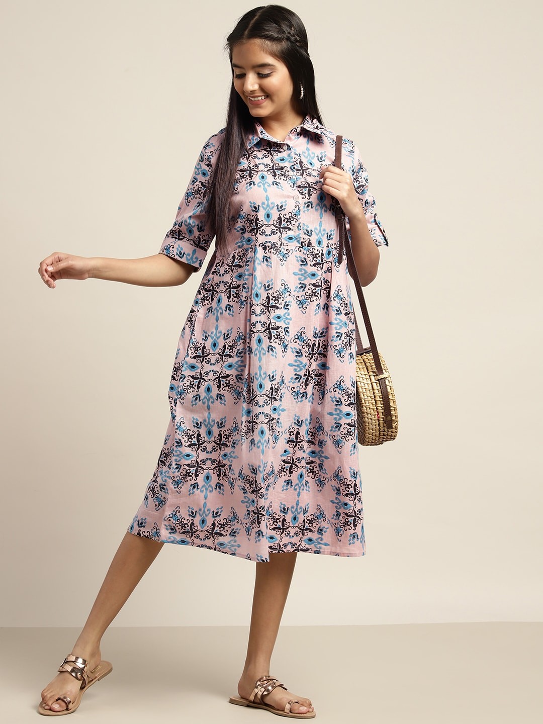 

Sangria Girls Pink & Blue Ethnic Motifs Print A-Line Kurta