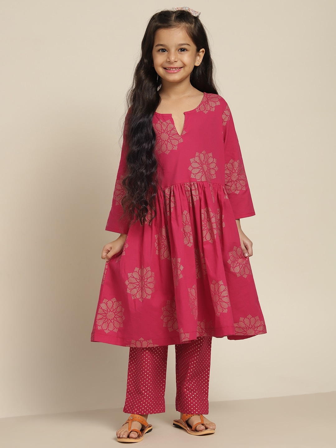 

Sangria Girls Fuchsia Pink & Golden Floral Print Pure Cotton Anarkali Kurta with Trousers