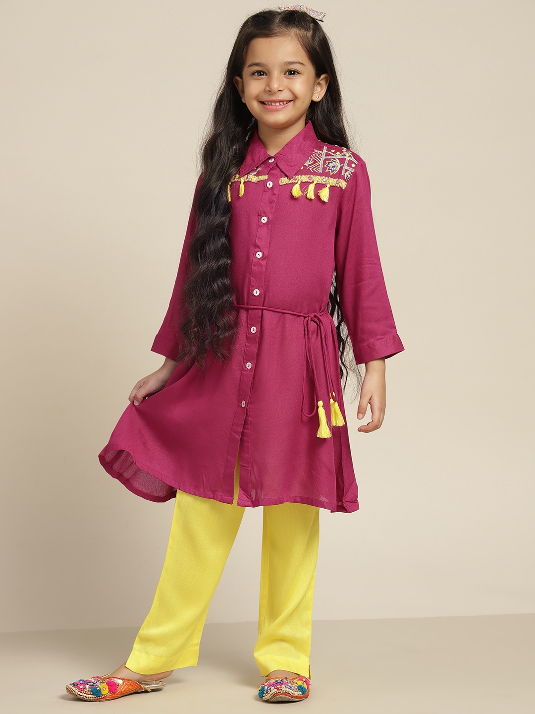 

Sangria Girls Pink & Yellow Ethnic Motifs Embroidered Kurta with Trousers