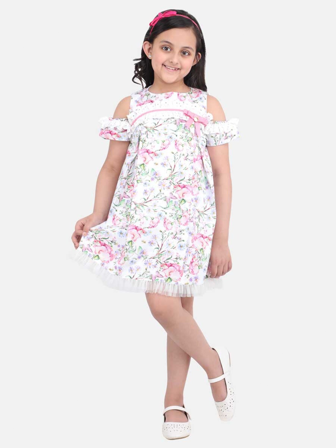 

One Friday Kids White & Pink Floral Printed A-Line Dress