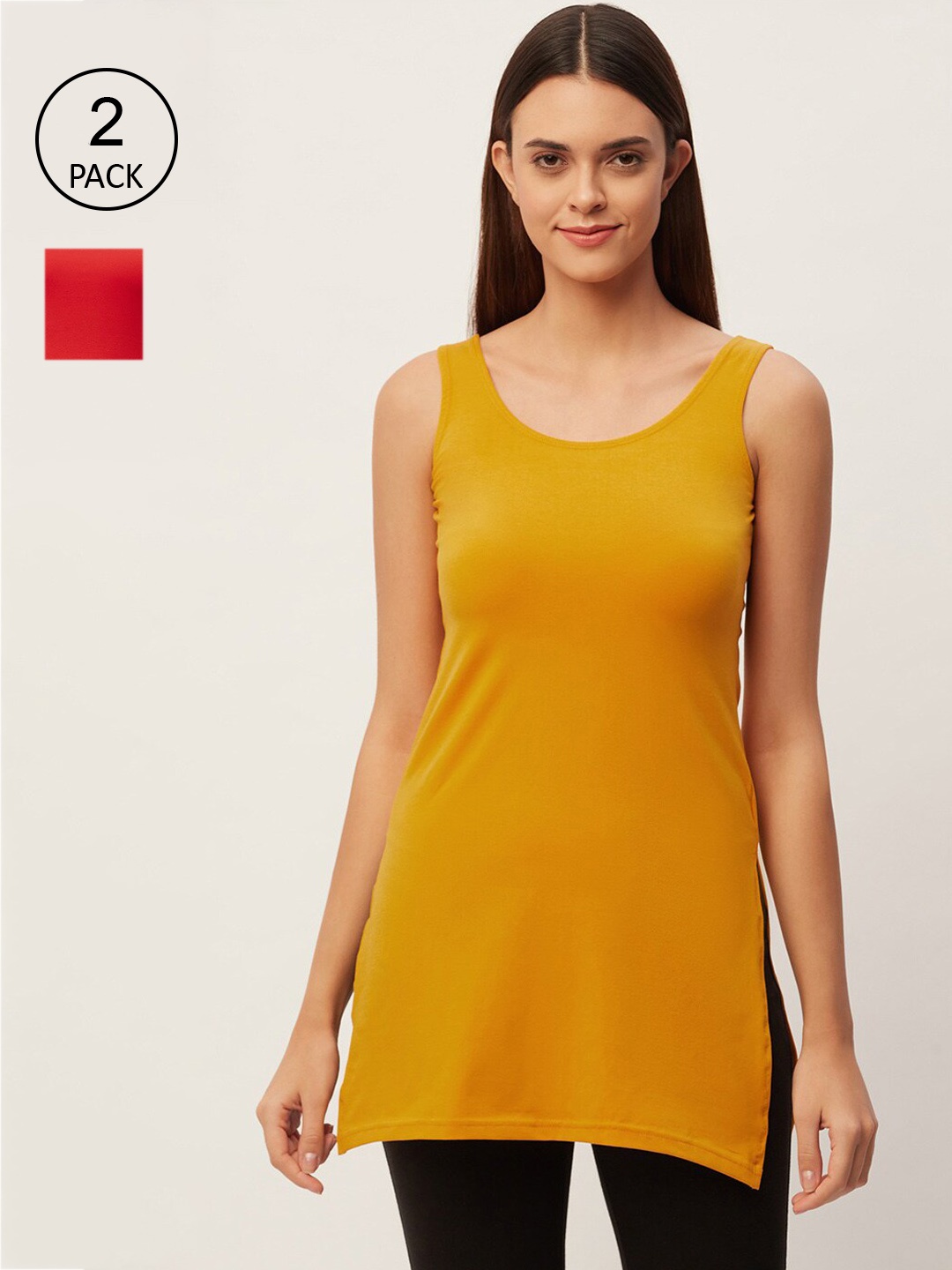 

Lady Lyka Women Pack of 2 Red and Mustard Solid Slips