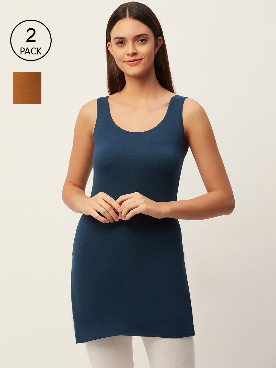 

Lady Lyka Women Pack Of 2 Solid Sleeveless Slips, Navy blue