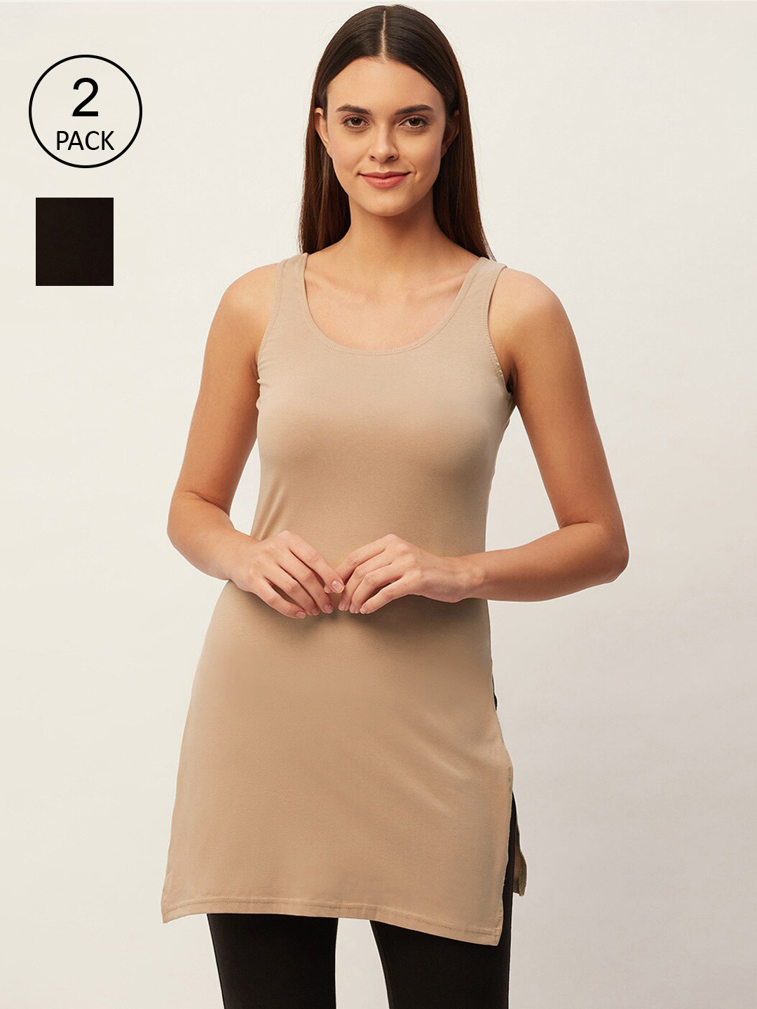 

Lady Lyka Pack Of 2 Solid Beige Long Cotton Camisole