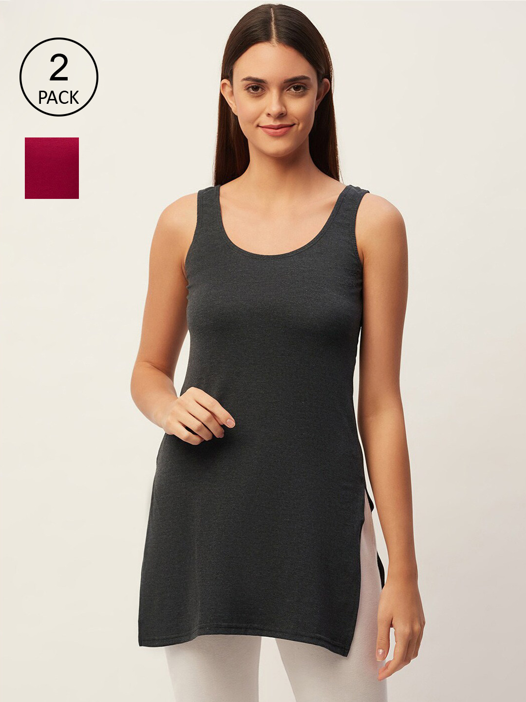 

Lady Lyka Women Pack of 2 Solid Grey & Maroon Padded Long Camisoles, Black