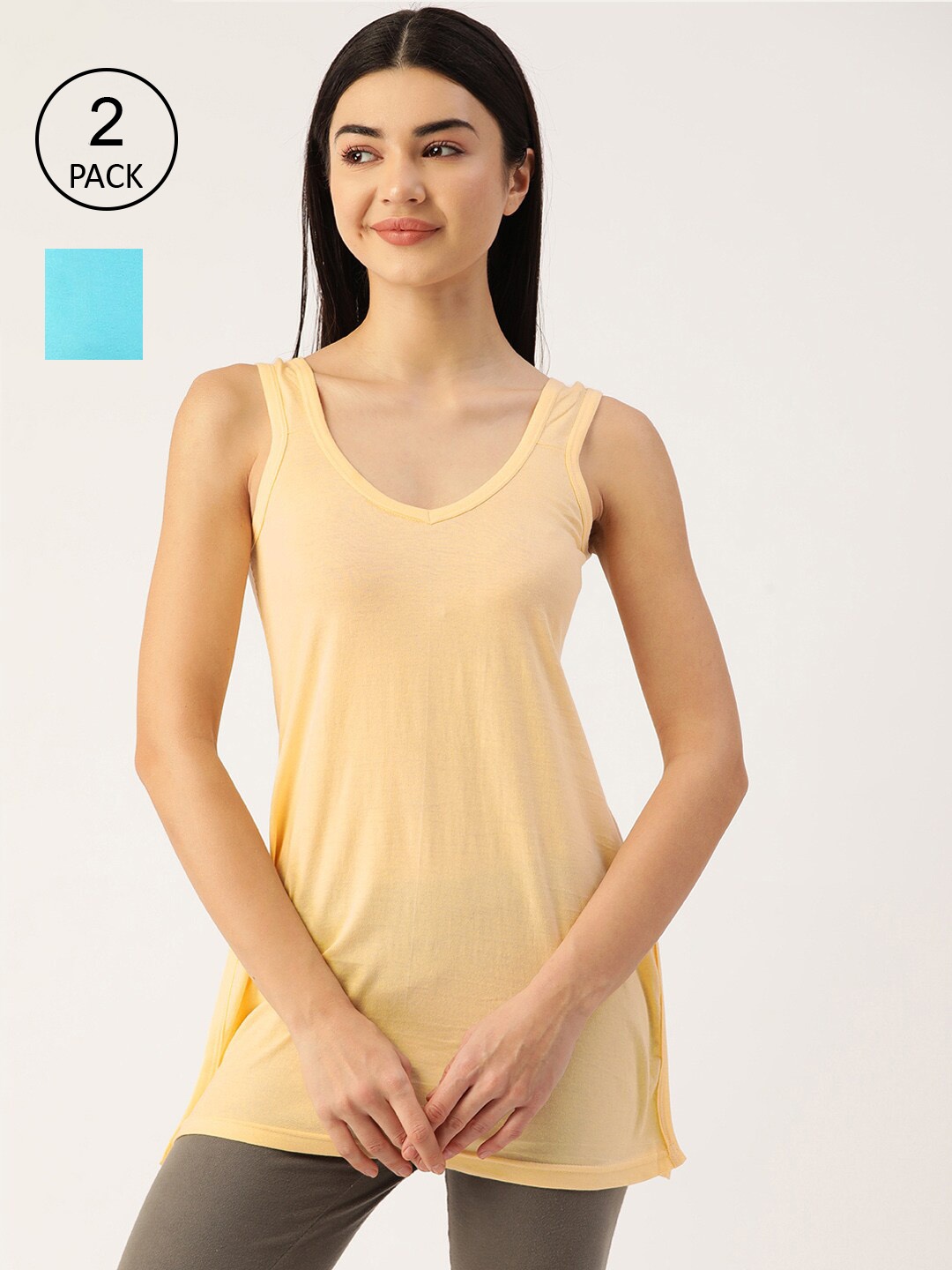 

Lady Lyka Women Pack Of 2 Beige & Blue Solid Camisoles