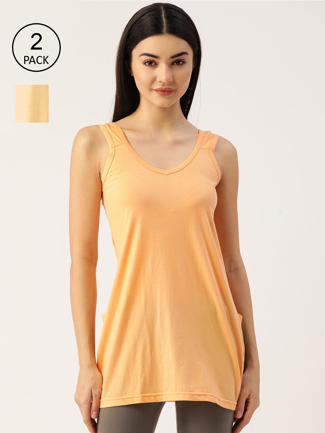 

Lady Lyka Women Pack Of 2 Peach & Nude-Coloured Solid Camisoles