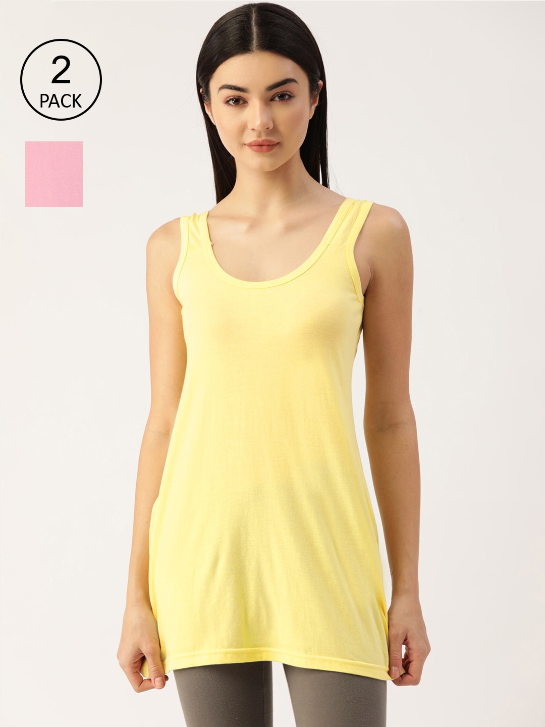 

Lady Lyka Women Pack Of 2 Pink & Yellow Solid Cotton Longline Camisoles