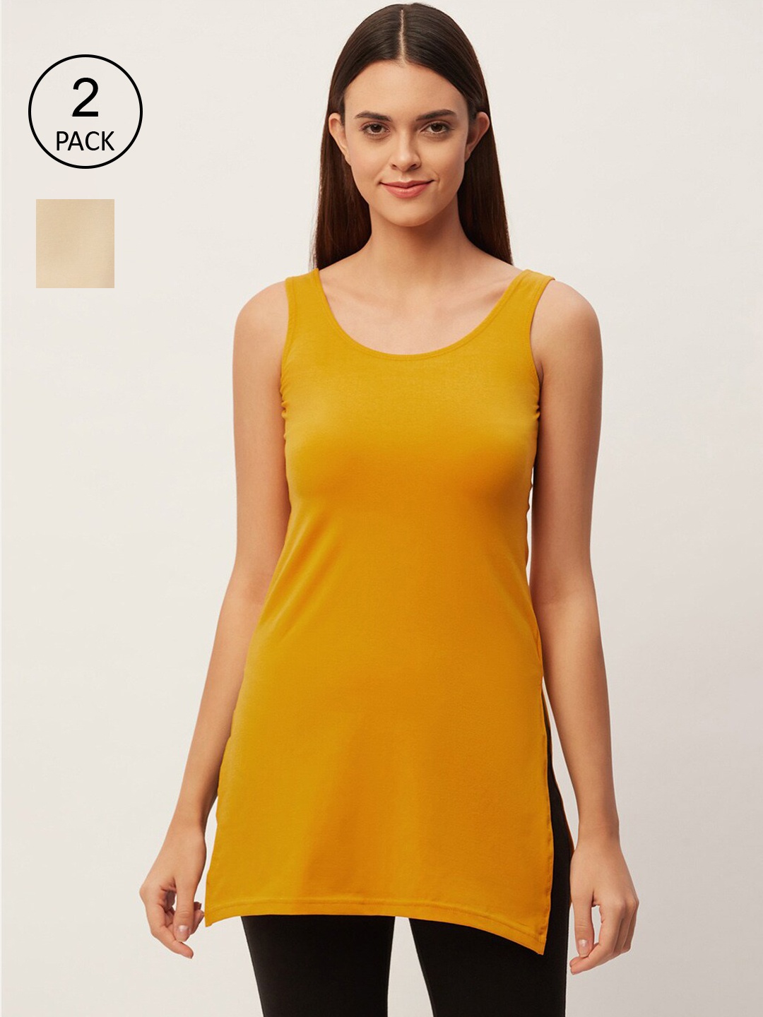 

Lady Lyka Women Set of 2 Beige & Mustard Yellow Solid Cotton Slips
