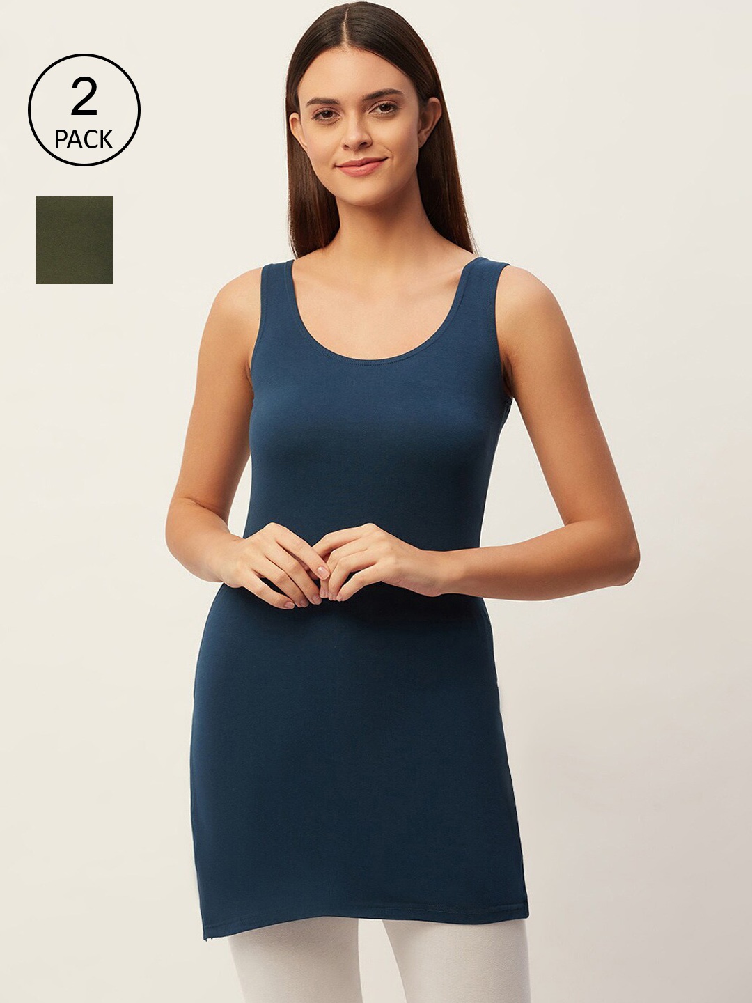 

Lady Lyka Women Pack Of 2 Navy Blue & Olive Green Solid Slips
