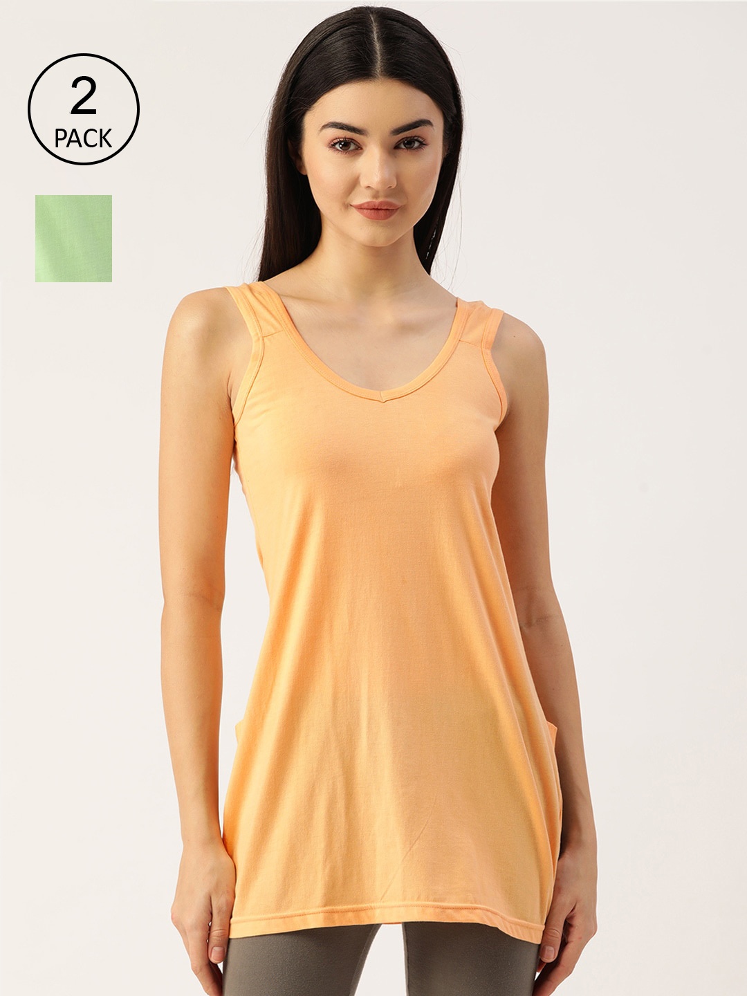 

Lady Lyka Women Pack Of 2 Peach-Coloured & Green Solid Cotton Longline Camisoles