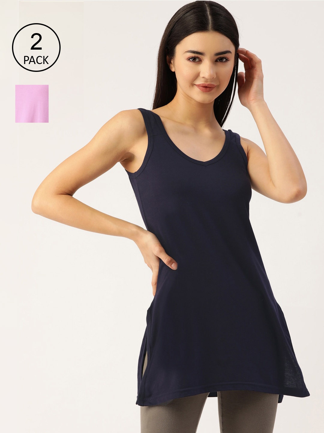 

Lady Lyka Women Pack Of 2 Solid Camisoles, Navy blue
