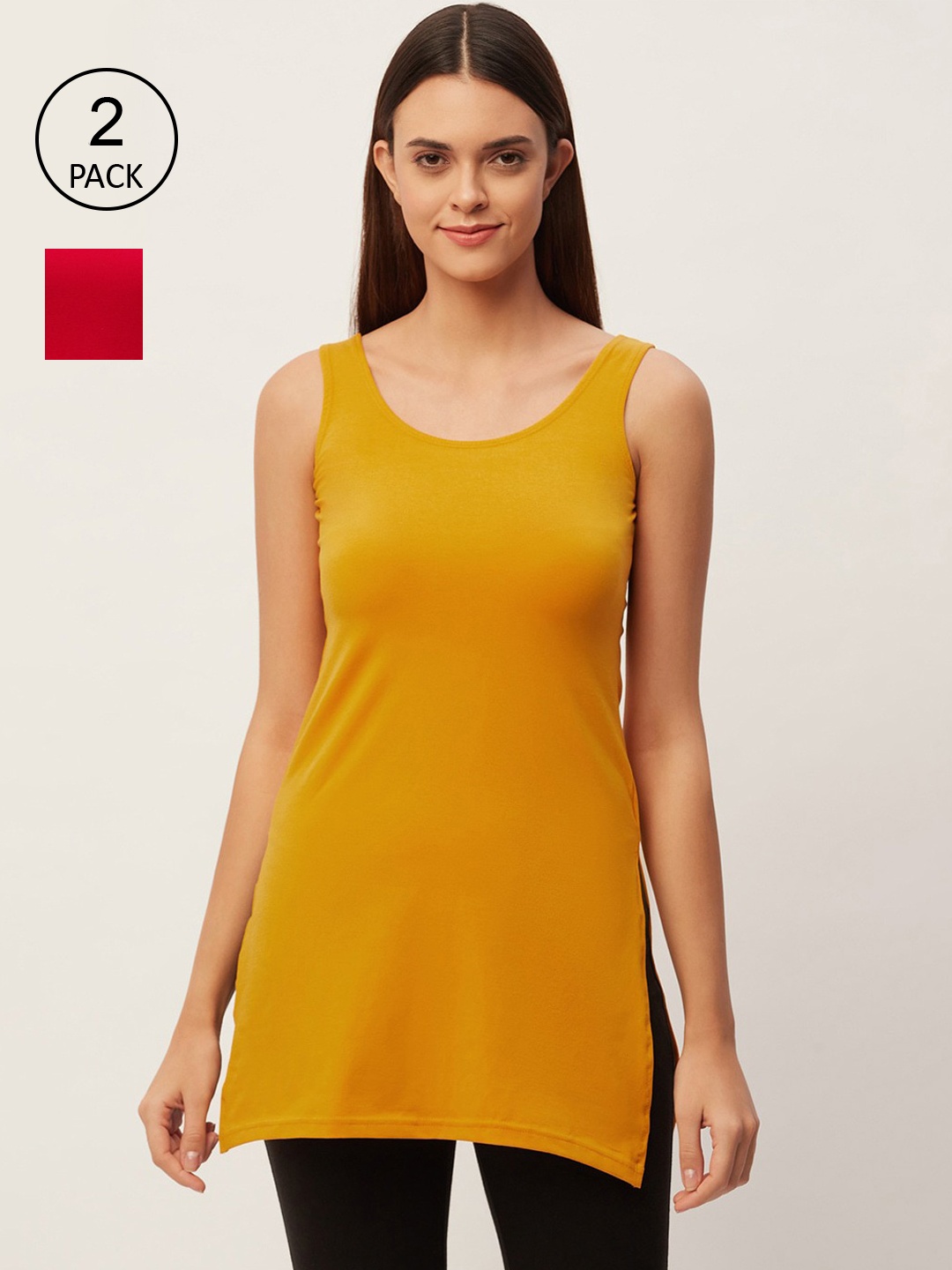 

Lady Lyka Women Red & Mustard Pack Of 2 Solid Cotton Longline Camisoles