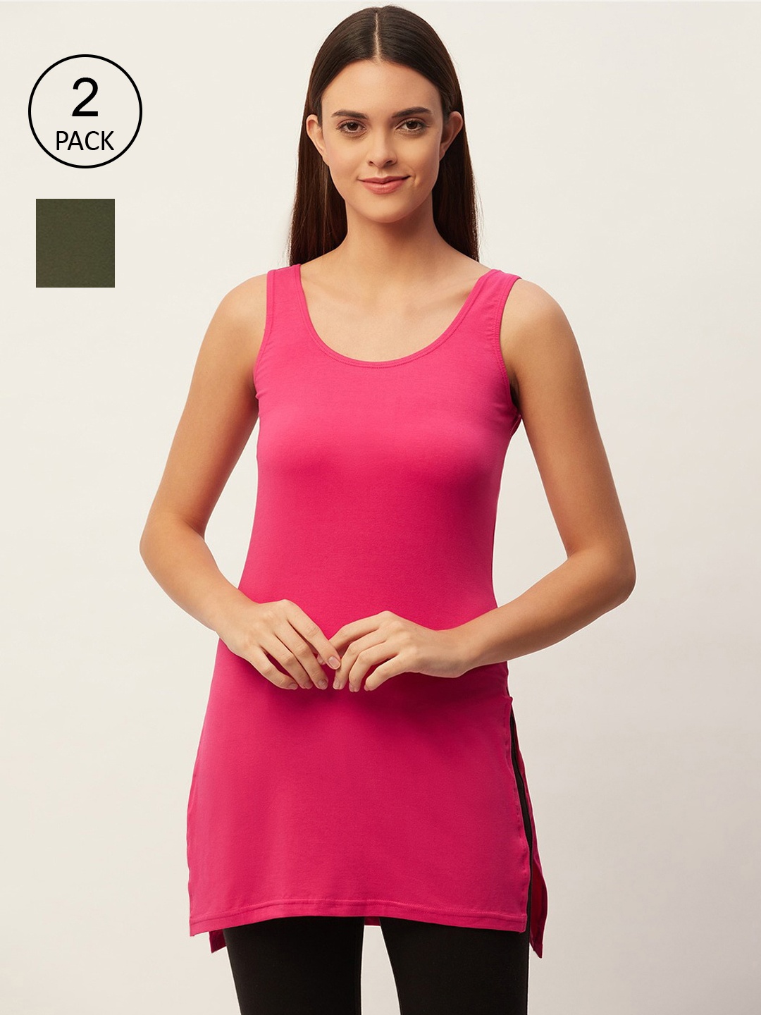 

Lady Lyka Women Olive Green & Pink Pack of 2 Solid Cotton Slips