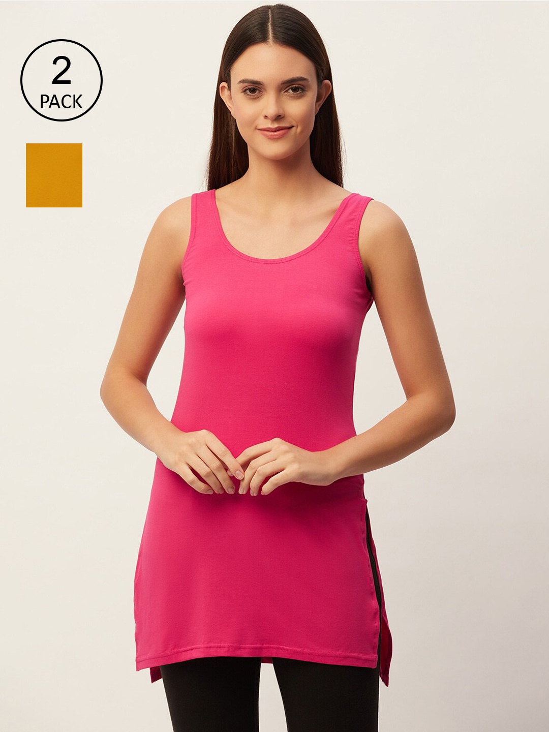 

Lady Lyka Women Pack Of 2 Pink & Yellow Solid Full Slips
