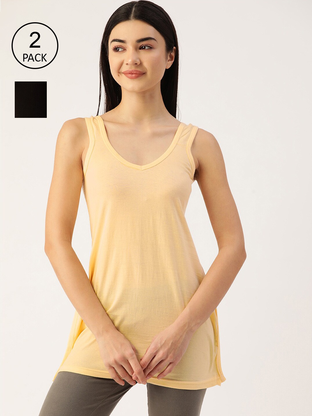 

Lady Lyka Women Beige & Black Pack Of 2 Solid Camisoles