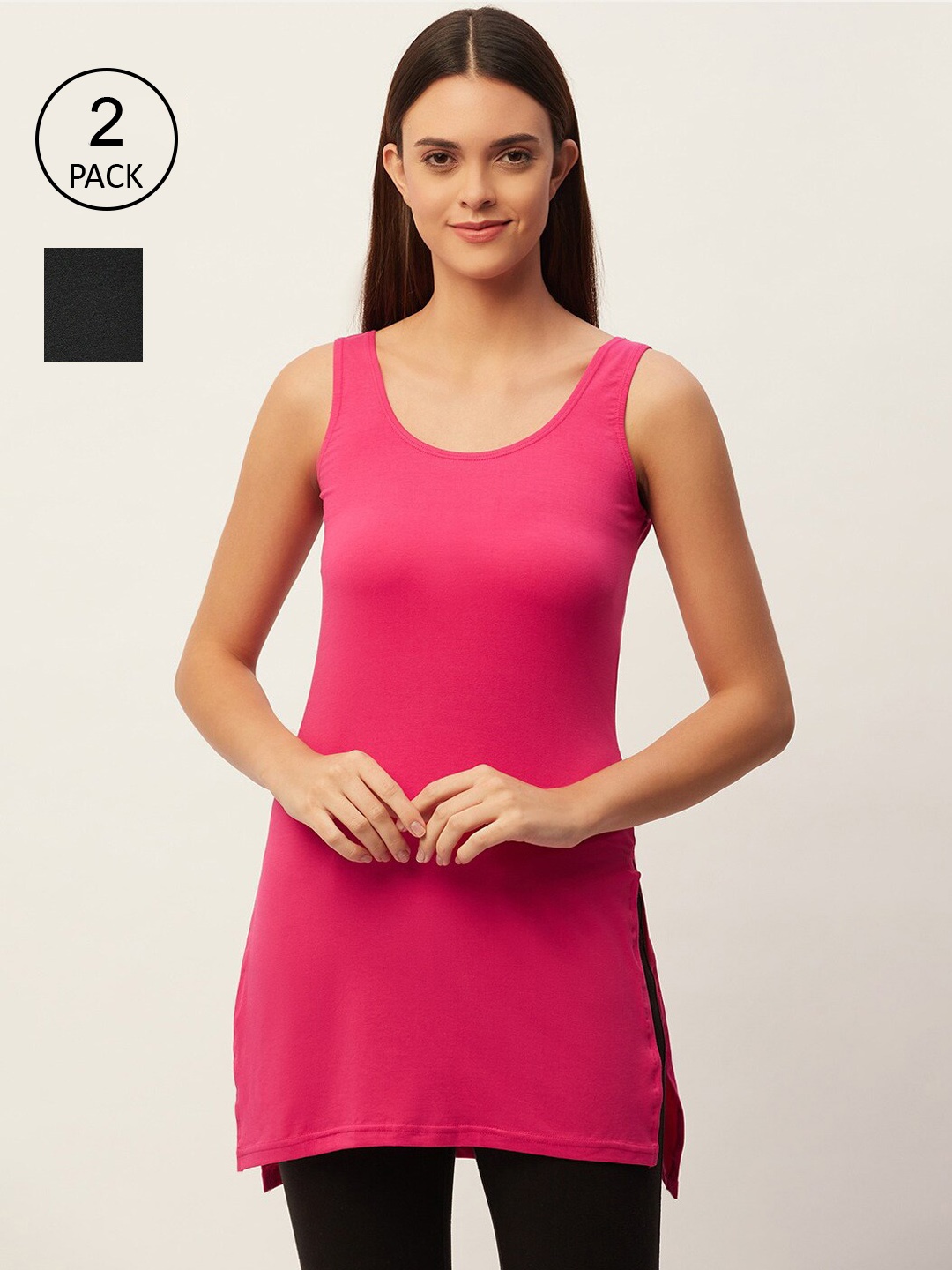 

Lady Lyka Women Grey & Pink Pack Of 2 Solid Cotton Longline Camisoles