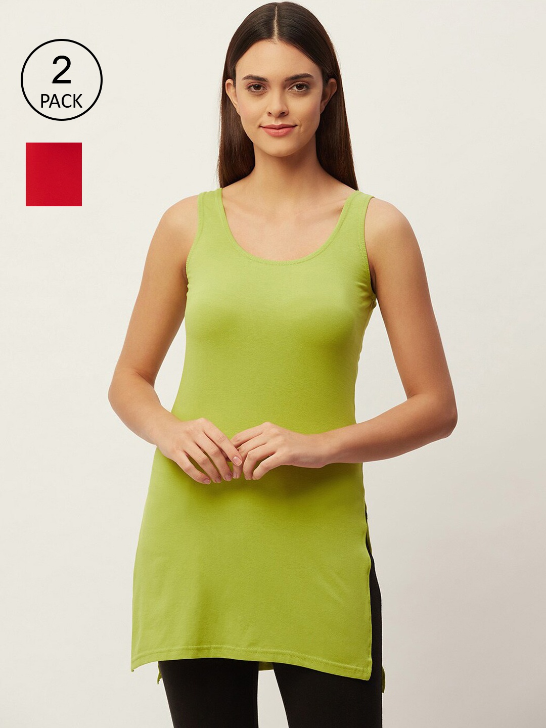 

Lady Lyka Women Pack of 2 Green & Red Solid Cotton Longline Camisoles