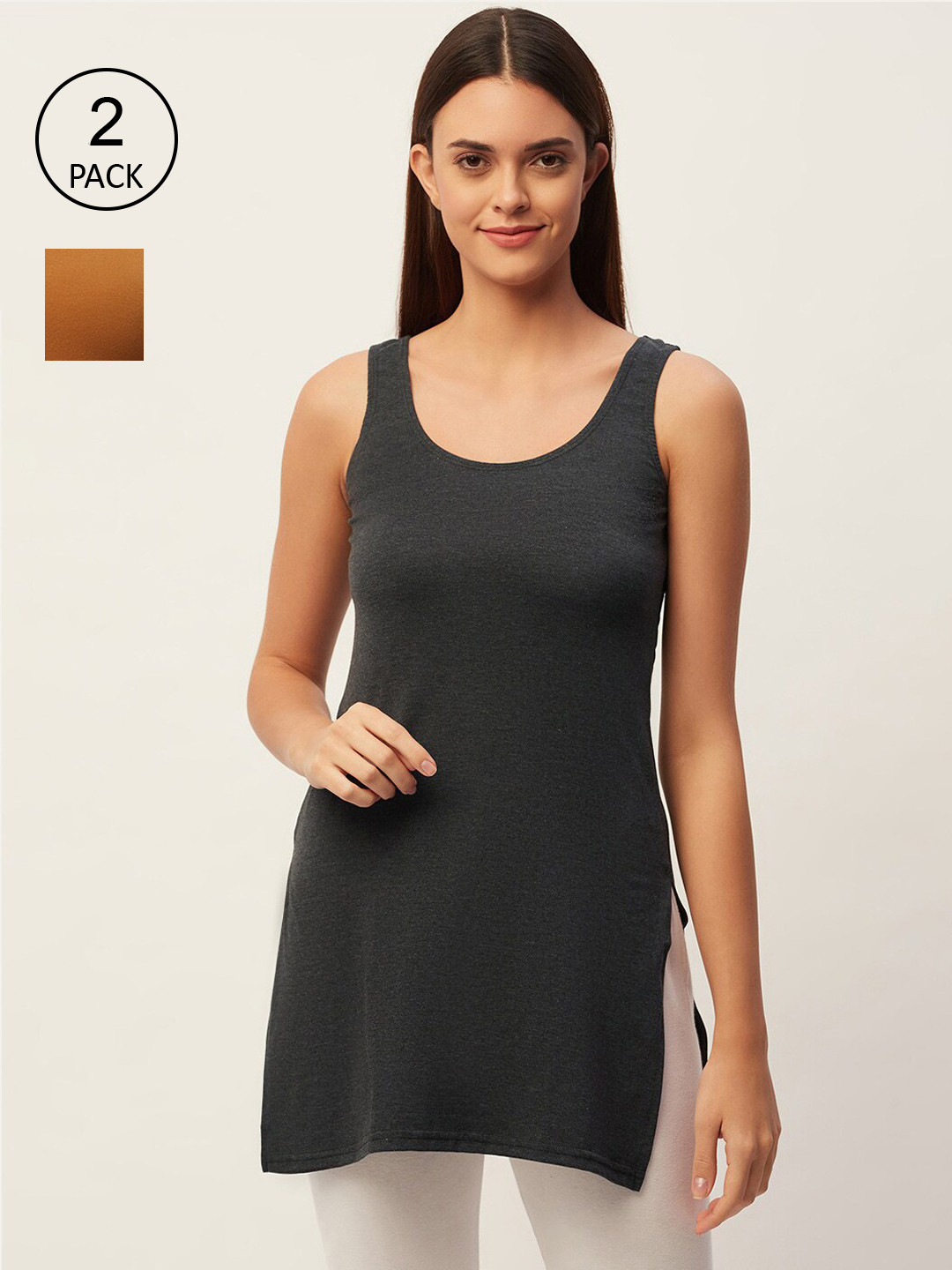 

Lady Lyka Women Pack of 2 Mustard & Grey Solid Non Padded Longline Camisoles