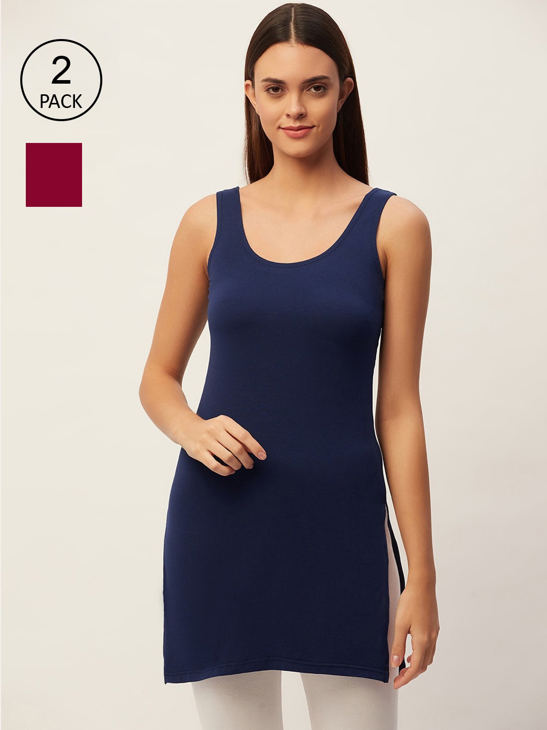 

Lady Lyka Women Blue & Maroon Pack Of 2 Solid Full Slips