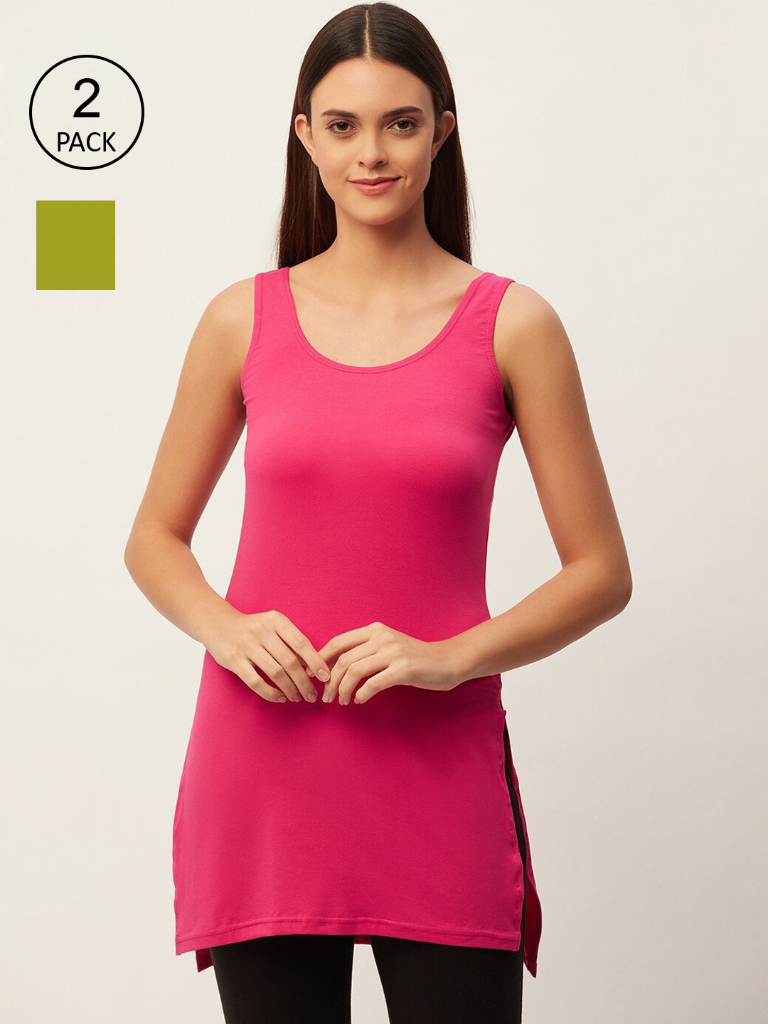 

Lady Lyka Pack of 2 Women Pink & Green Long Sleeveless Cotton Slips